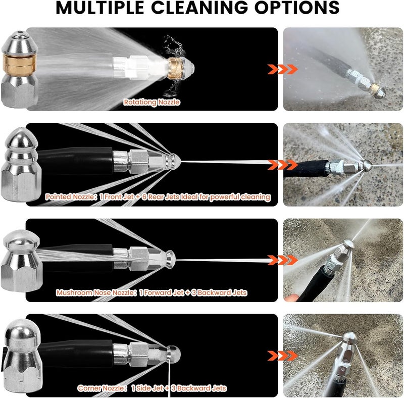 HOSEING 70FT Pressure Washer Sewer Jetter Kit, 5800 PSI Water Jet Drain Cleaner Hose with Corner Rotating Button Nose Nozzle, 1/4 Inch NPT, Sewer Jetter Nozzles Kit with Spanner Handle Strap - Image 4